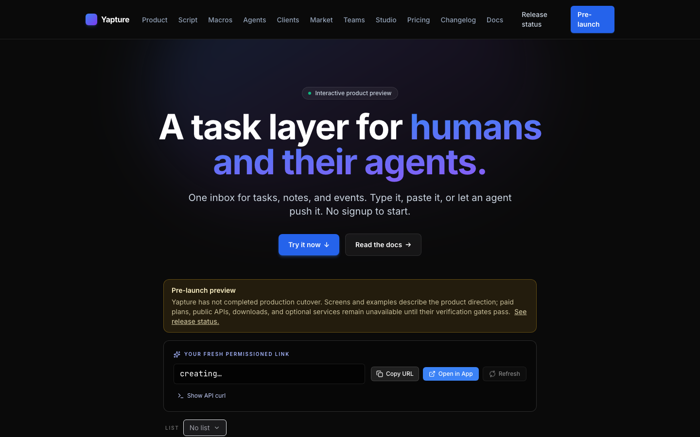 Yapture public homepage